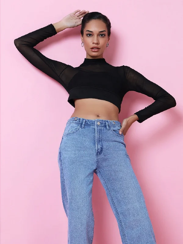 Final Clearance Women Black Solid Sheer Crop Top