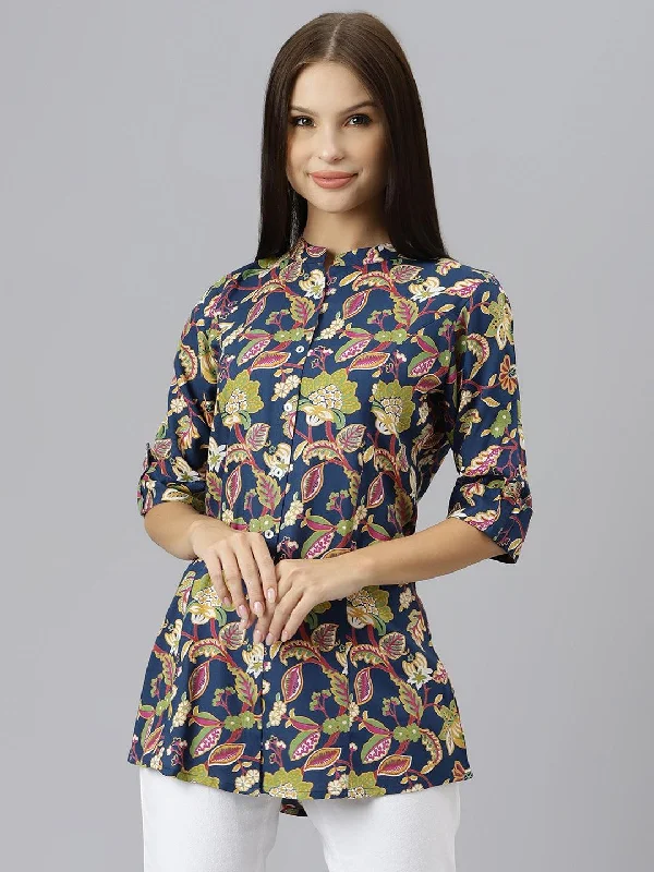 Savings Soar This Weekend Navy Blue Floral Rayon A-line Shirts Style Top