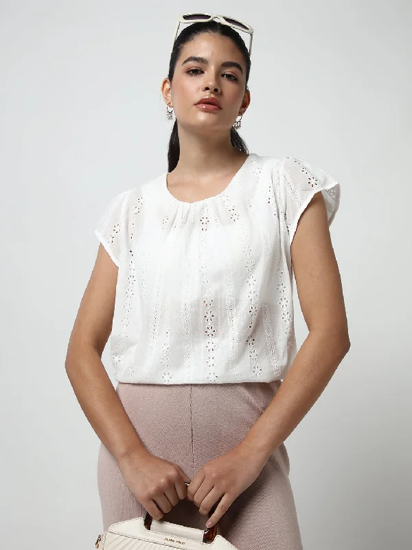 Weekend Specials to Savor Women White Solid Schiffli Top