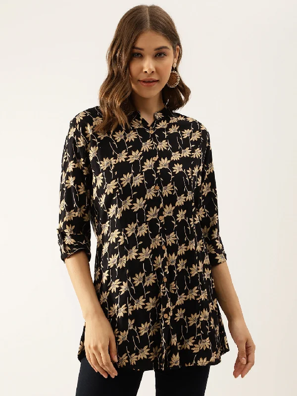 Markdown Sale Black Floral Printed Rayon Shirt type Top for Women