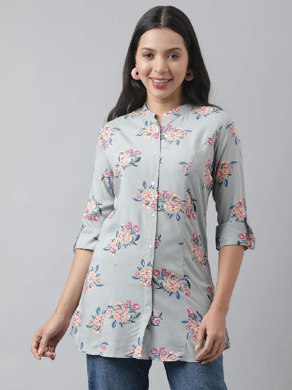 Weekend Bargains to Love Gray Floral Printed Rayon A-line Shirt Style Top