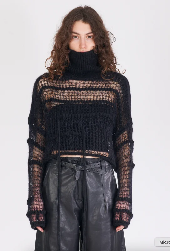Weekend Shopping Bliss Boxy Turtleneck Mesh Sweater - Black