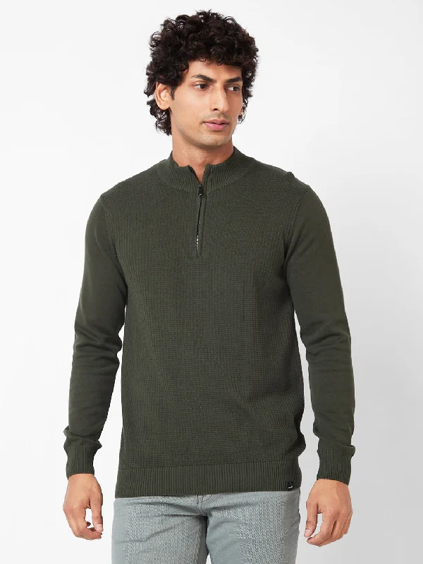 Spykar Polo Collar Full Sleeves Green Sweater For Men