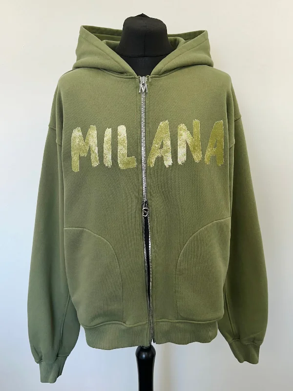 Military Green Paint Heavyweight Zip Hoodie.