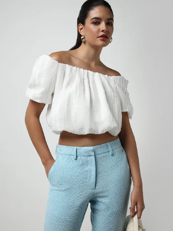 Weekend Savings Bonanza Women White Solid Blouson Crop Top