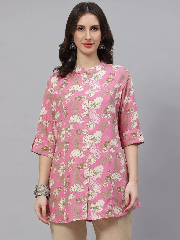 Time-Sensitive Light Pink Floral Rayon A-line Top