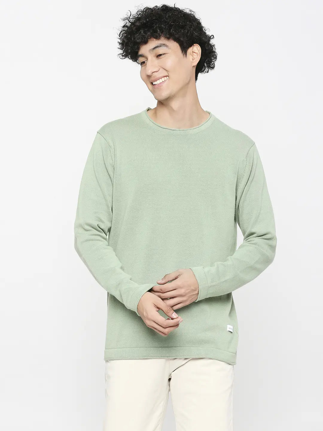 Spykar Pista Green Cotton Full Sleeve Casual Sweater For Men