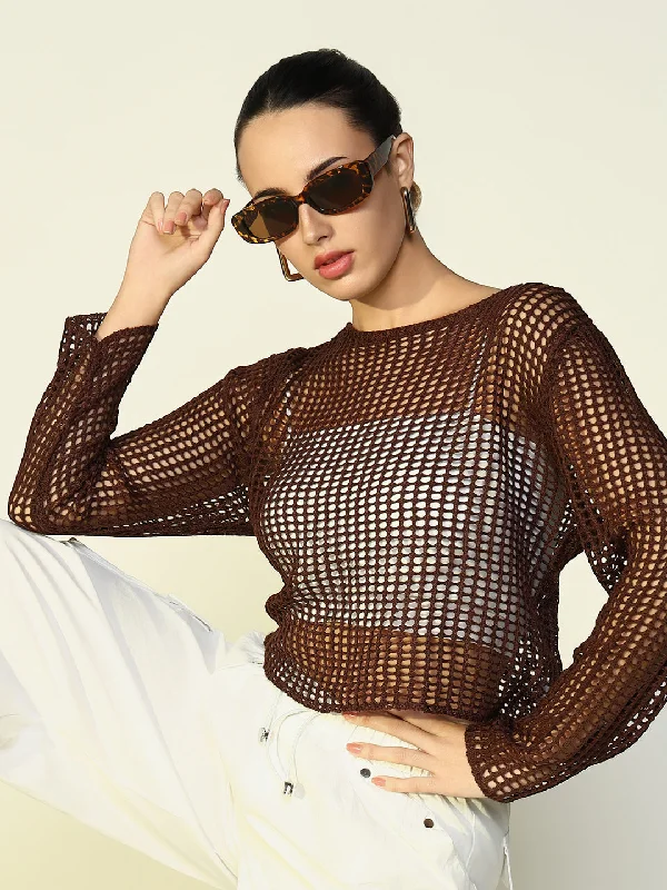 Super Savings Women Solid Coffee Brown Crochet Top with Slip