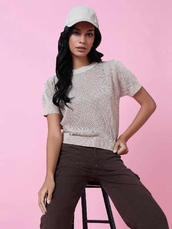 Weekend Specials to Indulge In Women Beige Solid Sheer Top