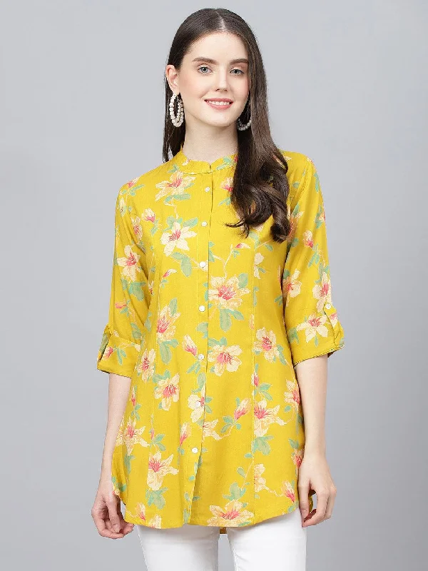 Can't Beat Yellow Floral printed Rayon A-line Shirts Style Top