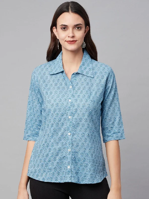 Weekend Specials to Snag Sky Blue Block Printed Casual Women Shirts