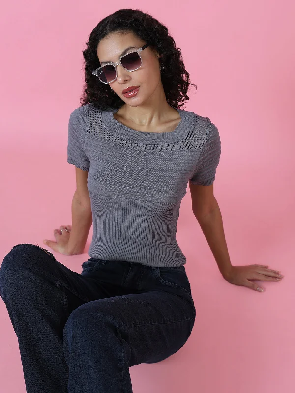 Weekend Deals to Make You Happy Women Grey Solid Crochet Top