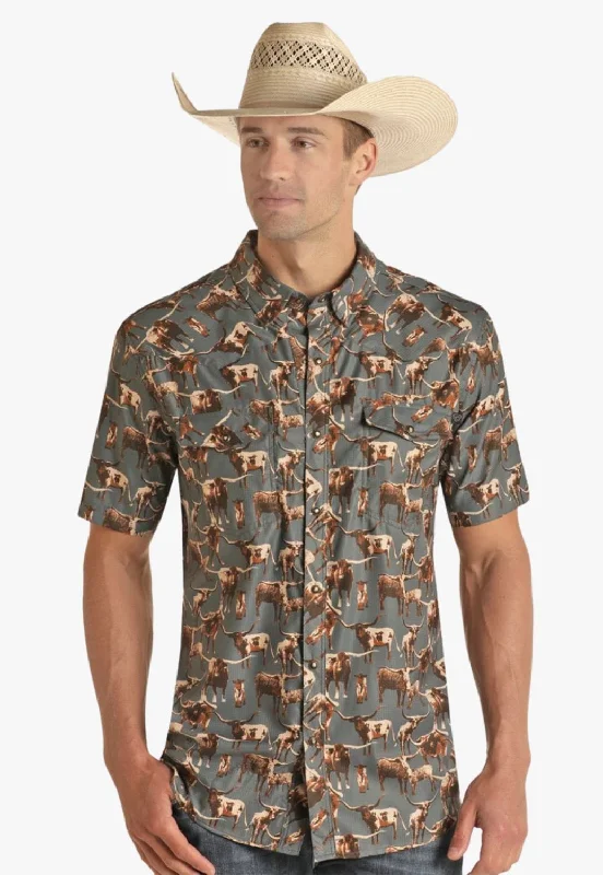 Rock and Roll Mens Longhorn Ripstop Snap Short Sleeve Shirt