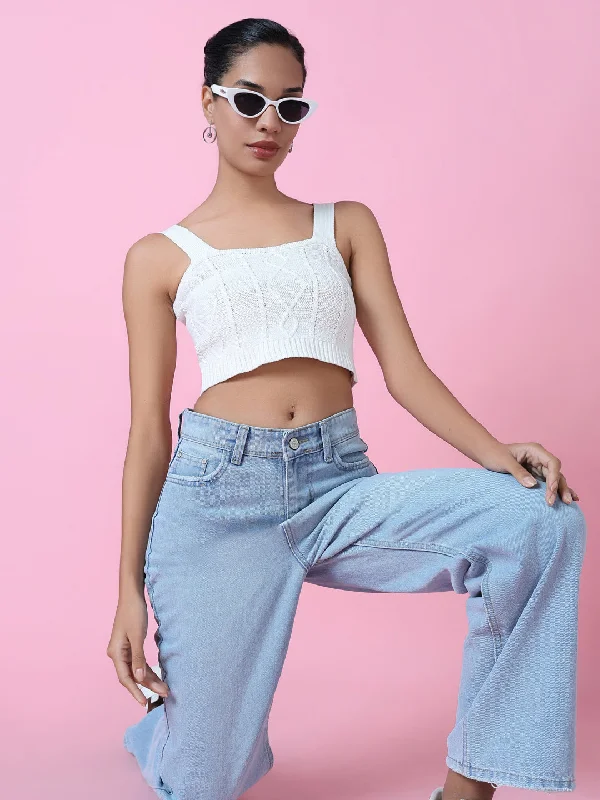 Weekend Savings Extravaganza Women Off White Solid Crochet Crop Top