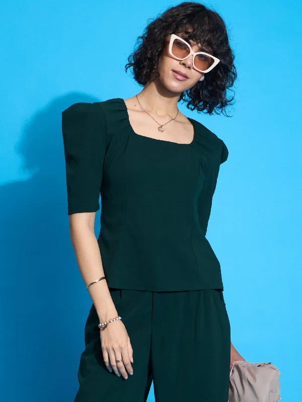 Weekend Bargains to Savor Women Emerald Square Neck Puff Sleeve Top