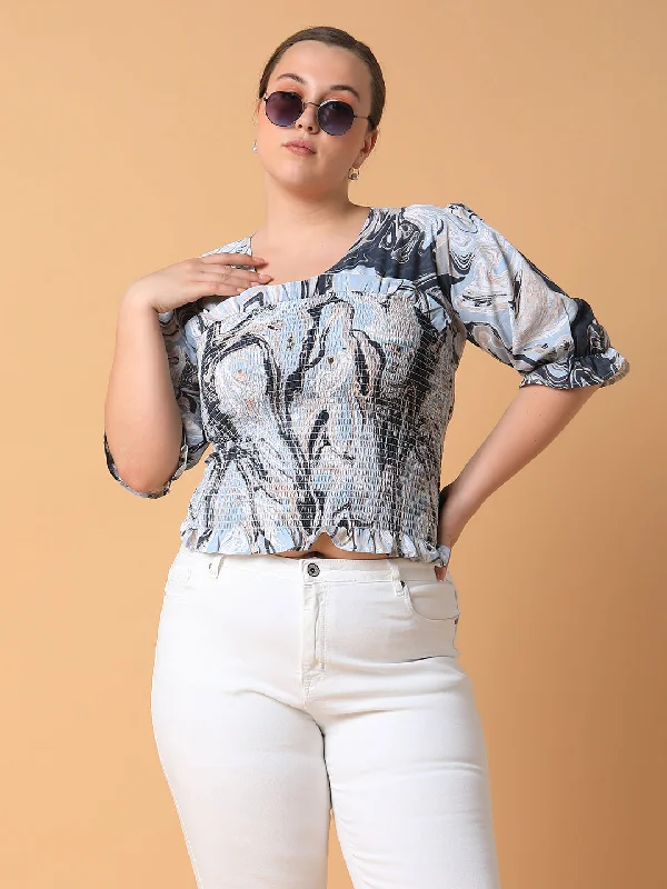 Weekend Bargains Galore Women Abstract Blue Smocking Top