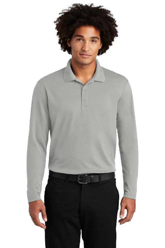 Sport-Tek Mens RacerMesh Moisture Wicking Long Sleeve Polo Shirt - Silver Grey