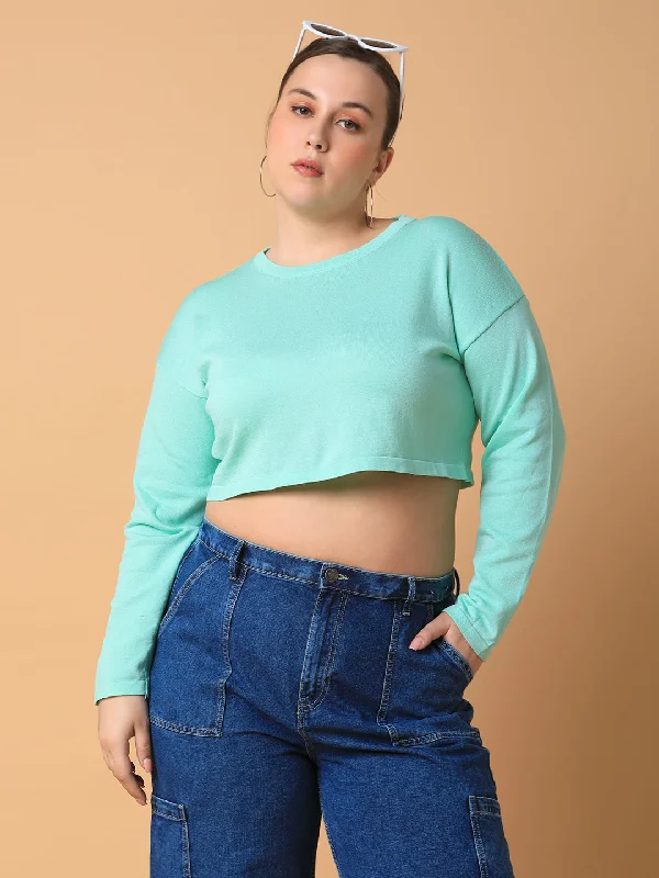 Super Discount Women Solid Sea Green Crop Top