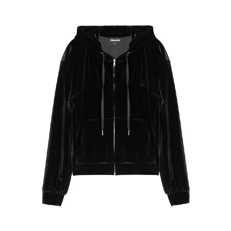 Signature velour slim hood zip-up black