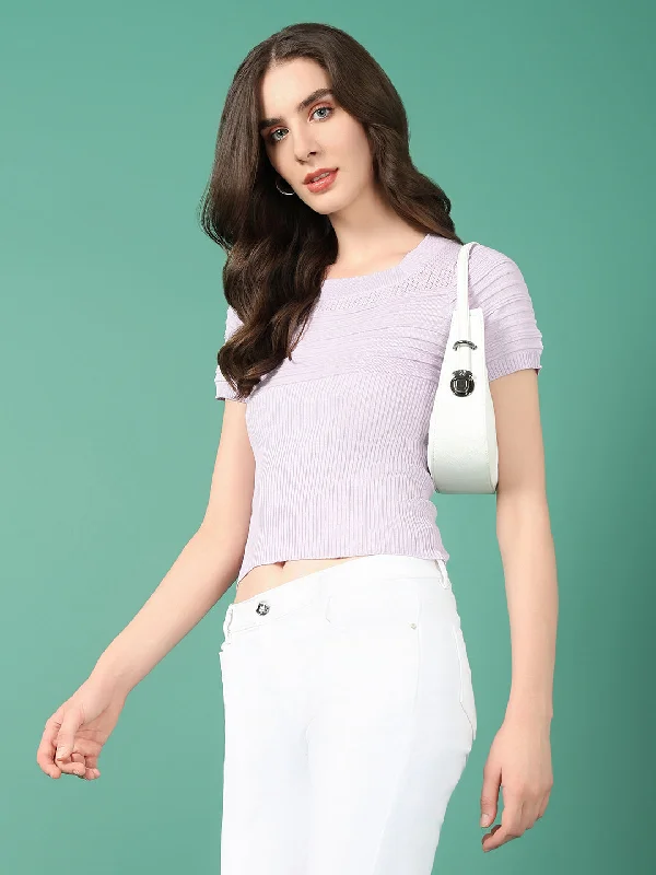 Weekend Bargains Just for You Women Lavender Solid Crochet Top