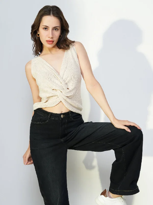 Midnight Madness Women Cream Solid Crop Top