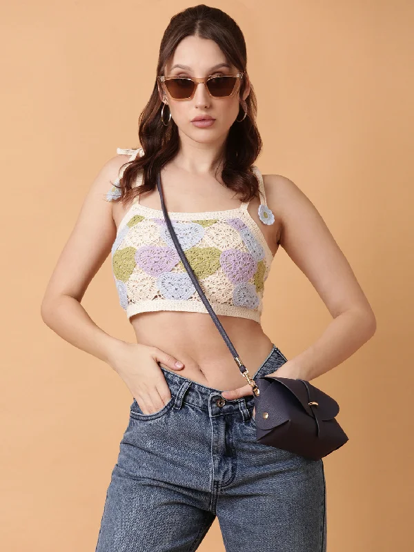 Weekend Discounts to Delight Women Blue Solid Crochet Crop Top