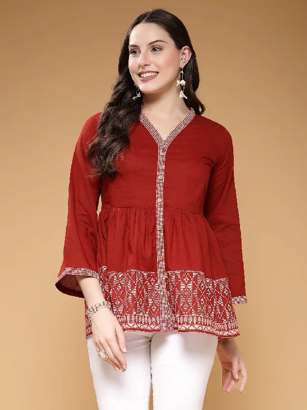 Weekend Offers That Please Solid V-Neck 3/4 Sleeves Hips Length Cotton Tops & Tunic
