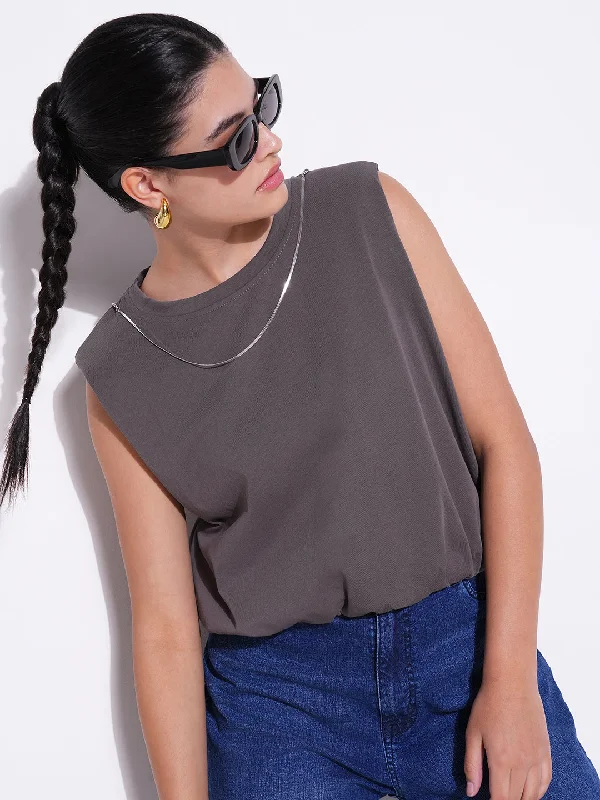 The Best Deal Women Grey Solid Top with Chain