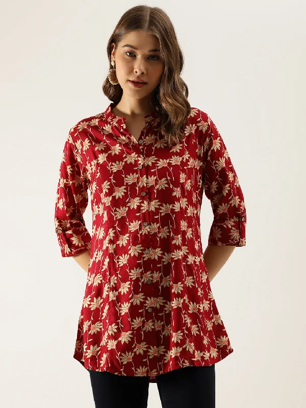 Unmissable Offer Maroon Floral Printed Rayon Shirt type Top for Women