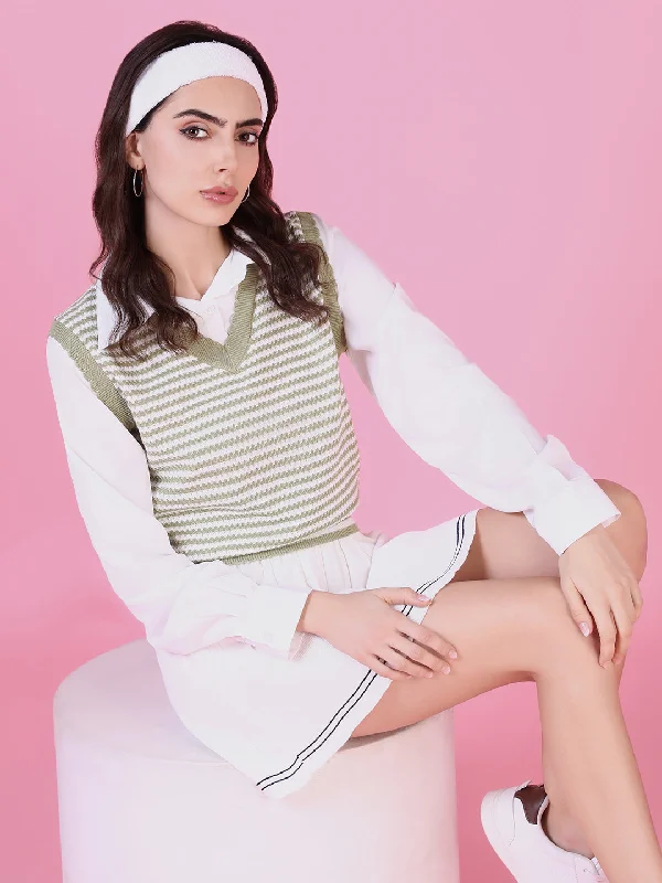 Steal Deal Women Green Striped Shirt Style Top