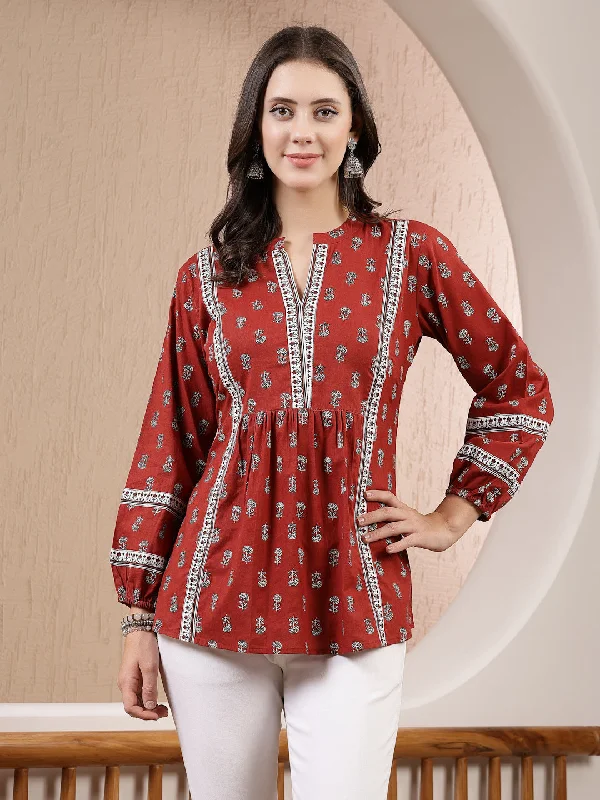 Weekend Deals That Sparkle Rust Ethnic Motif Printed Cotton Empire Top