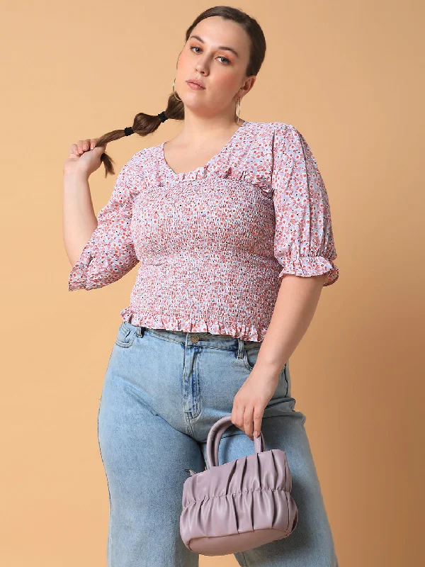 Weekend Price Cuts Galore Women Floral Peach Smocking Top