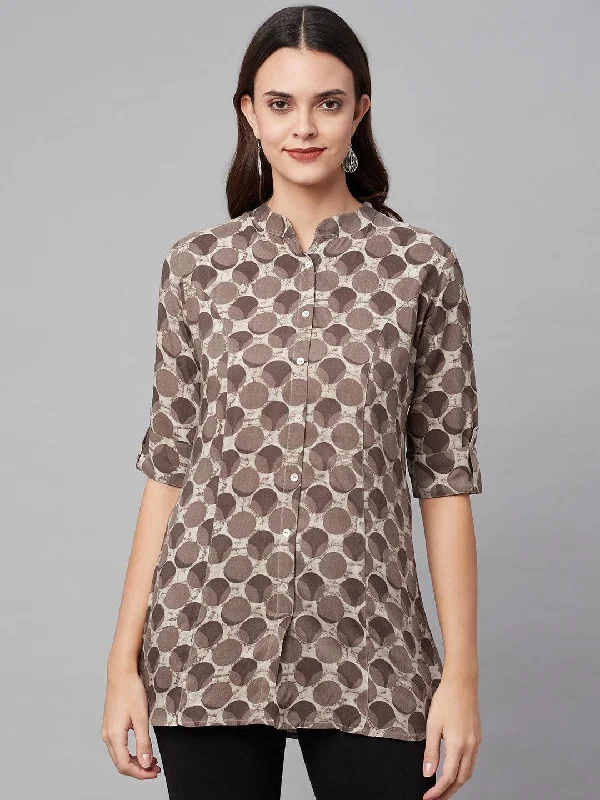 Weekend Savings Bonanza Brown Floral Rayon A-line Shirts Style Top