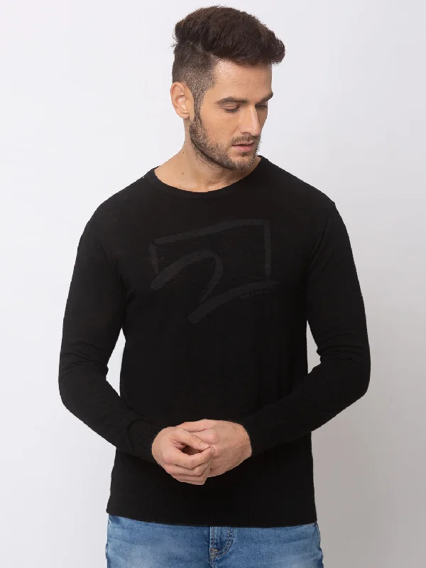 Spykar Men Black Cotton Regular Fit Sweater