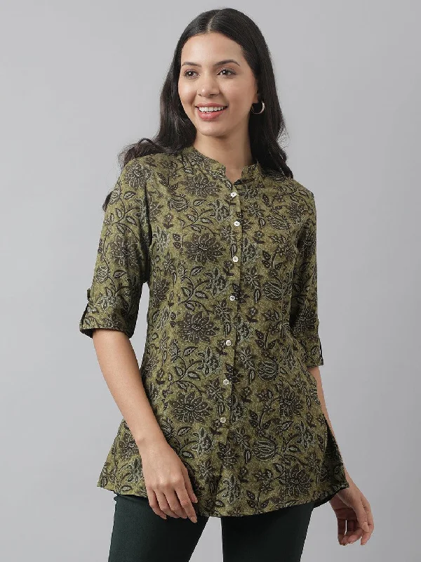 Year-End Sale Olive Green Floral Printed Rayon A-line Shirt Style Top