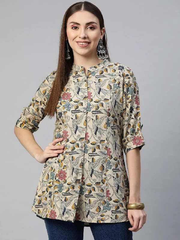 Weekend-Only Price Drops Beige Multi Floral Rayon A-line Shirts Style Top