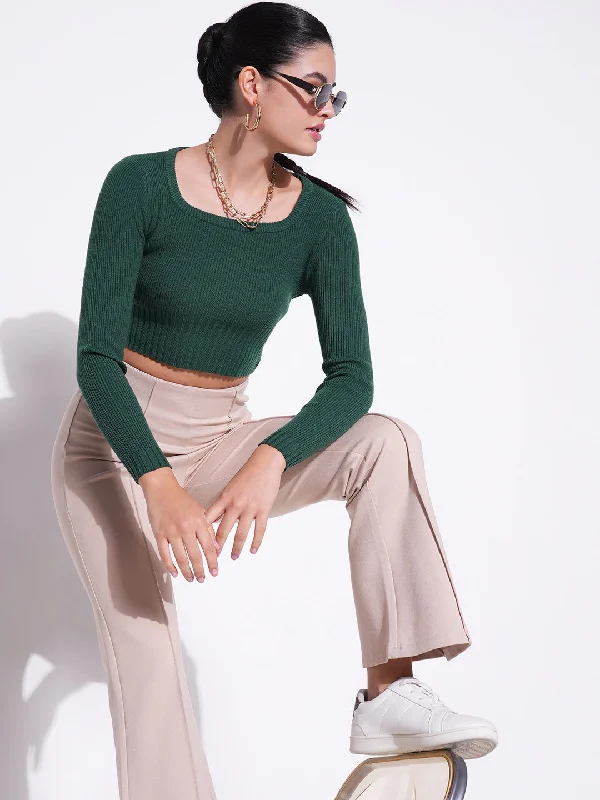 Instant Deal Women Green Solid Crop Top