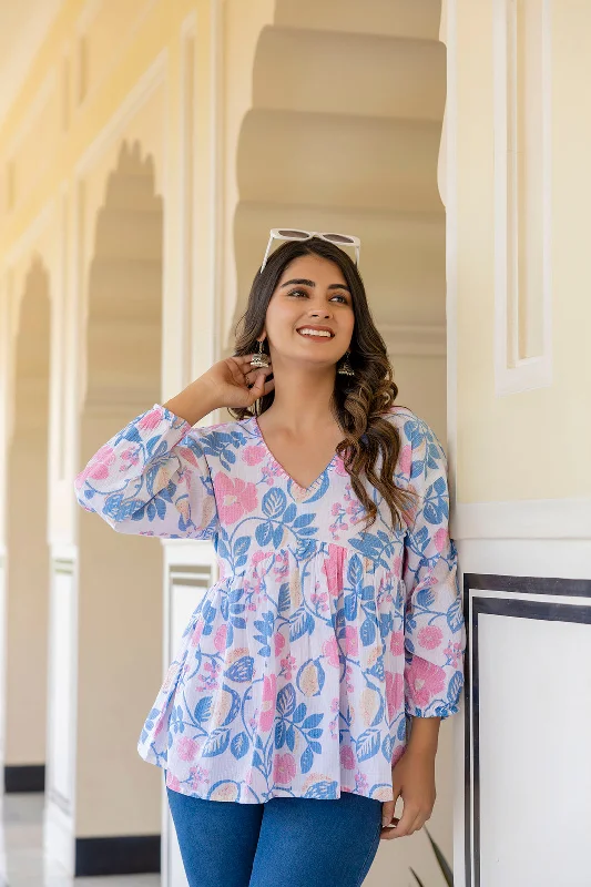 Super Discount Women White Floral Printed V-Neck Peplum Tunic