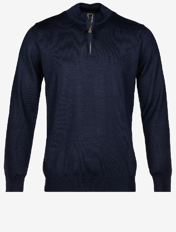 Marineblauer Pullover aus Merinowolle mit halbem Reißverschluss