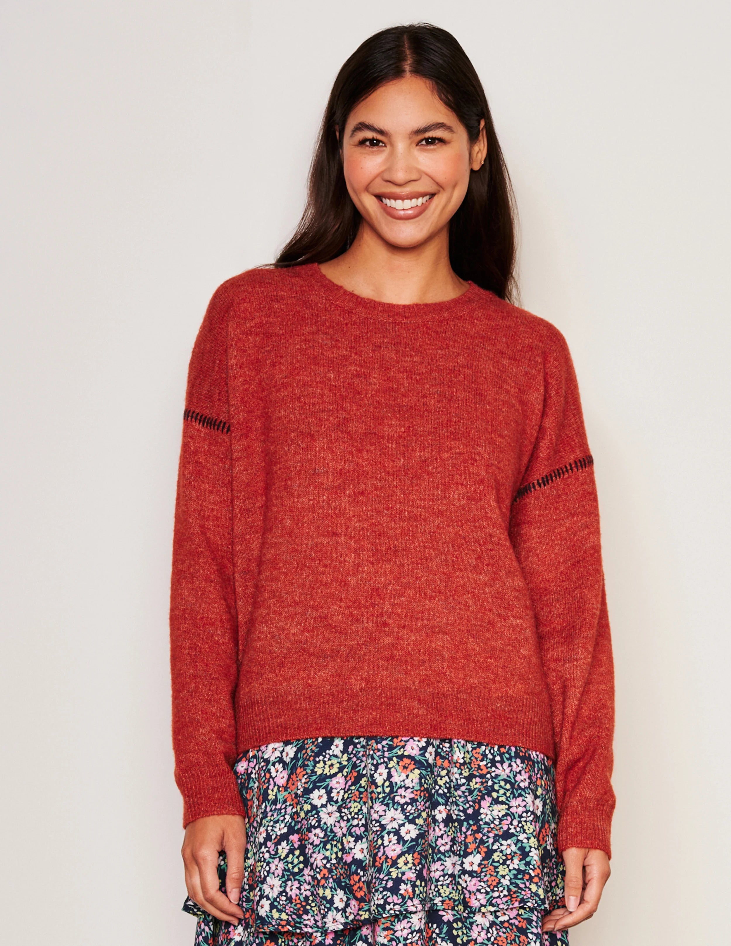 Instant Deal Baseball Stitch Crew Neck Sweater - Red Rock