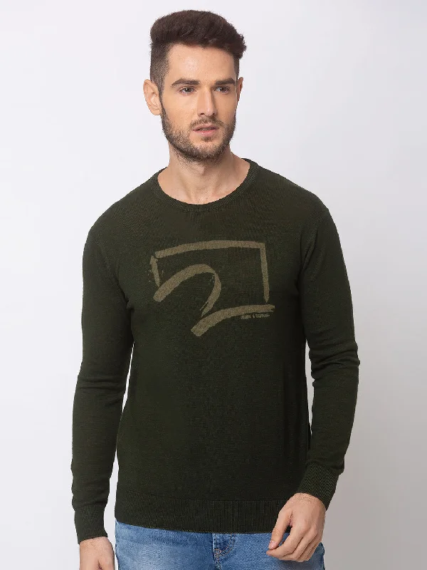 Spykar Men Olive Green Cotton Regular Fit Sweater