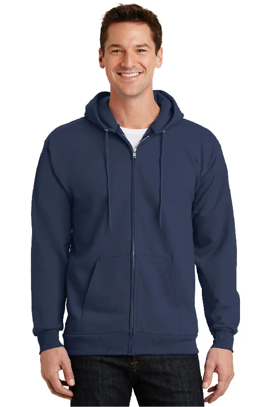 Port & Company Mens Essential Pill Resistant Fleece Full Zip Hooded Sweatshirt Hoodie w/ Pockets - Navy Blue