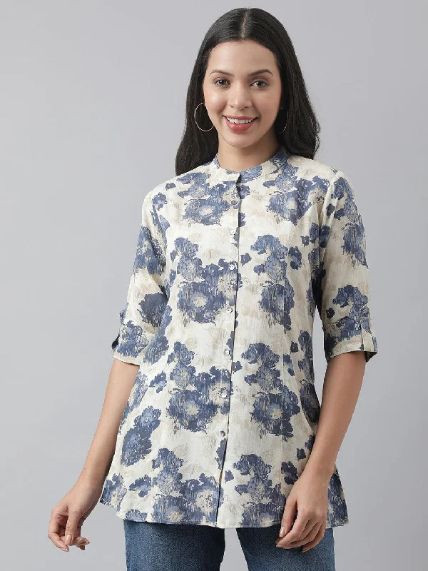 Weekend Sale: Don't Miss Out Cream Floral Printed Rayon A-line Shirt Style Top