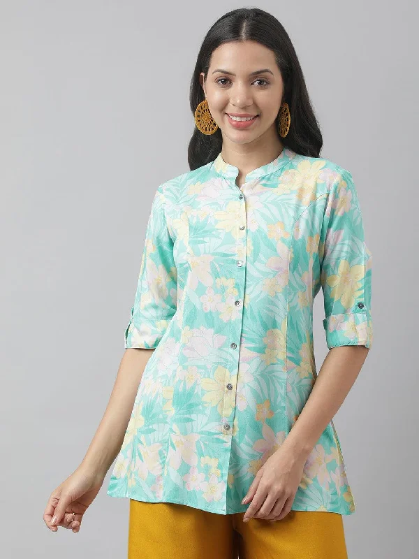 Weekend Deals to Brighten Your Day Sea Green Floral Printed Rayon A-line Shirt Style Top