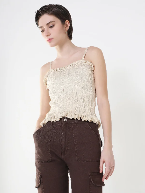 Don't Delay Women Solid Beige Fitted Crop Top