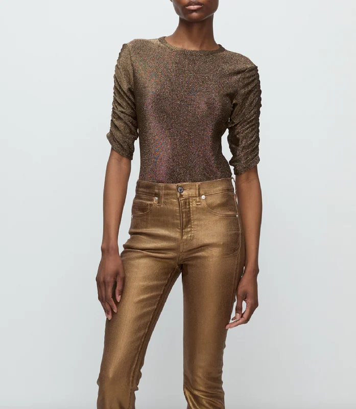 Weekend Wonders Await! Waldorf Ruched Sleeve Top - Antique Gold Lurex