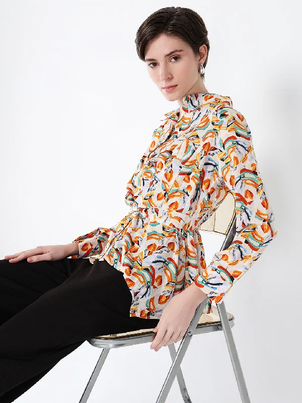 Weekend Savings Sensation Women Orange Abstract Shirt Style Top