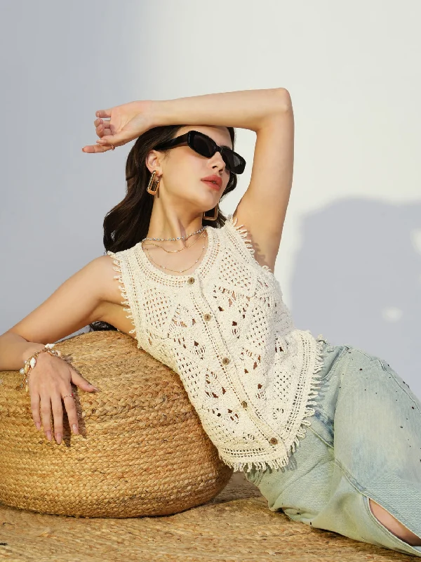 Weekend Savings Spectacle Women Cream Solid Crochet Top