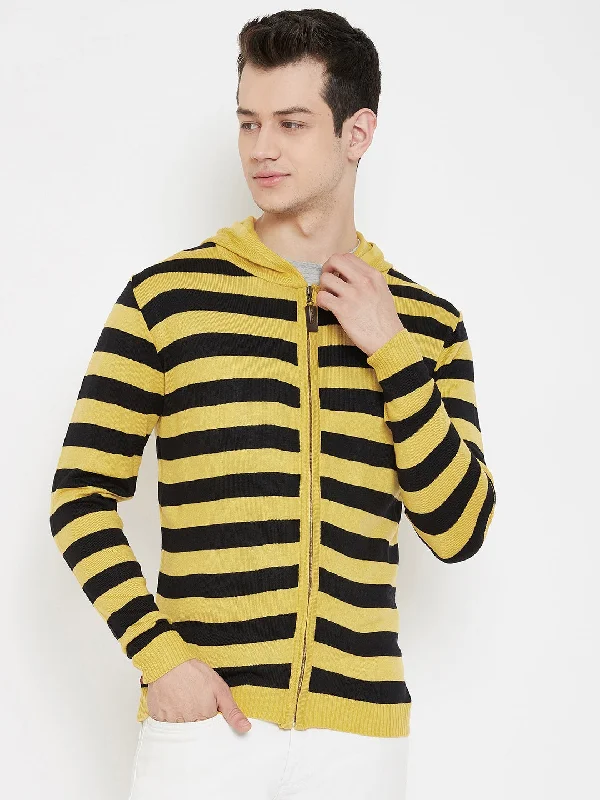 JUMP USA Men Yellow Striped Hood Casual Front-Open Sweaters