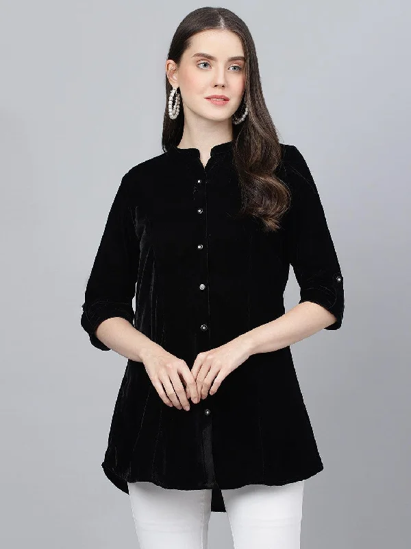 Half Price Black Solid Velvet A-line Shirts Style Top